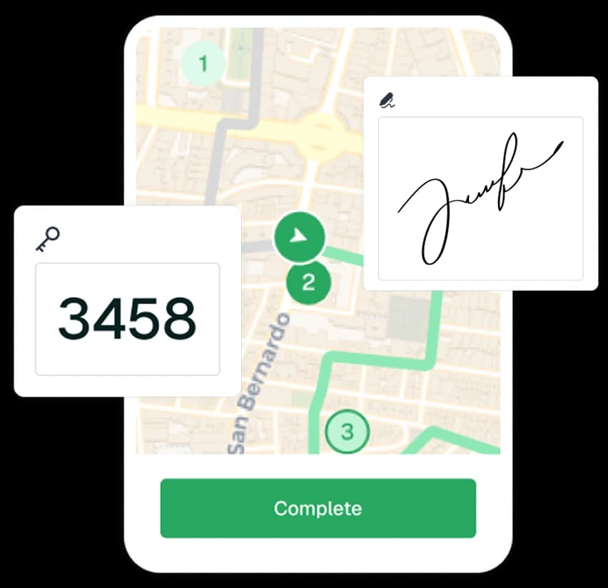 Proof of delivery screen with photo, signature, and PIN options