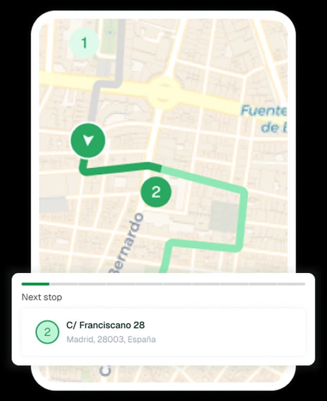 Driver active route with GPS tracking and next stop navigation card