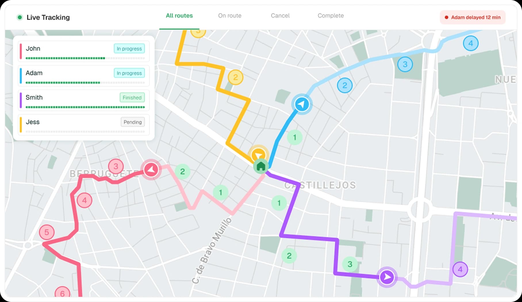 Live tracking dashboard with fleet map, real-time driver positions, and ETAs