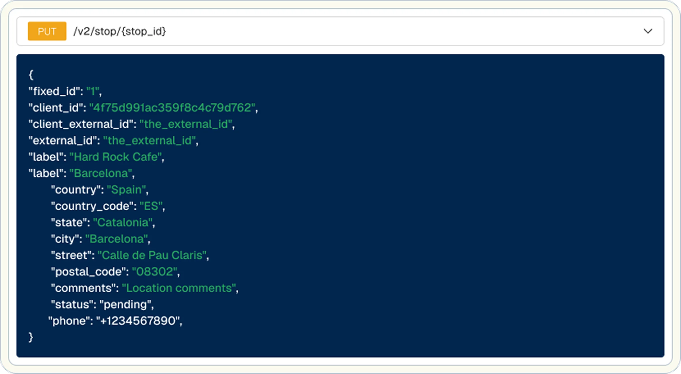 API PUT endpoint with JSON payload showing stop data fields