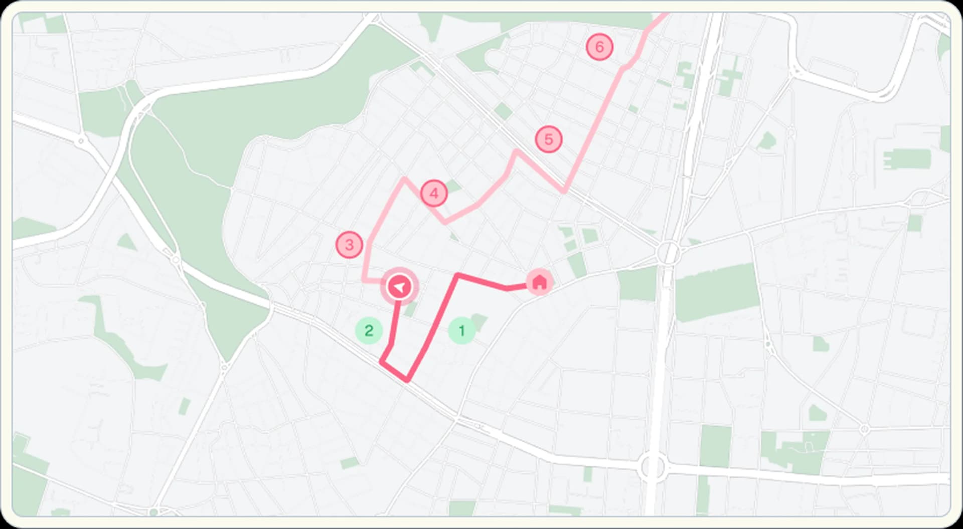 Route map with numbered stops and KPI overlay showing vehicle performance metrics
