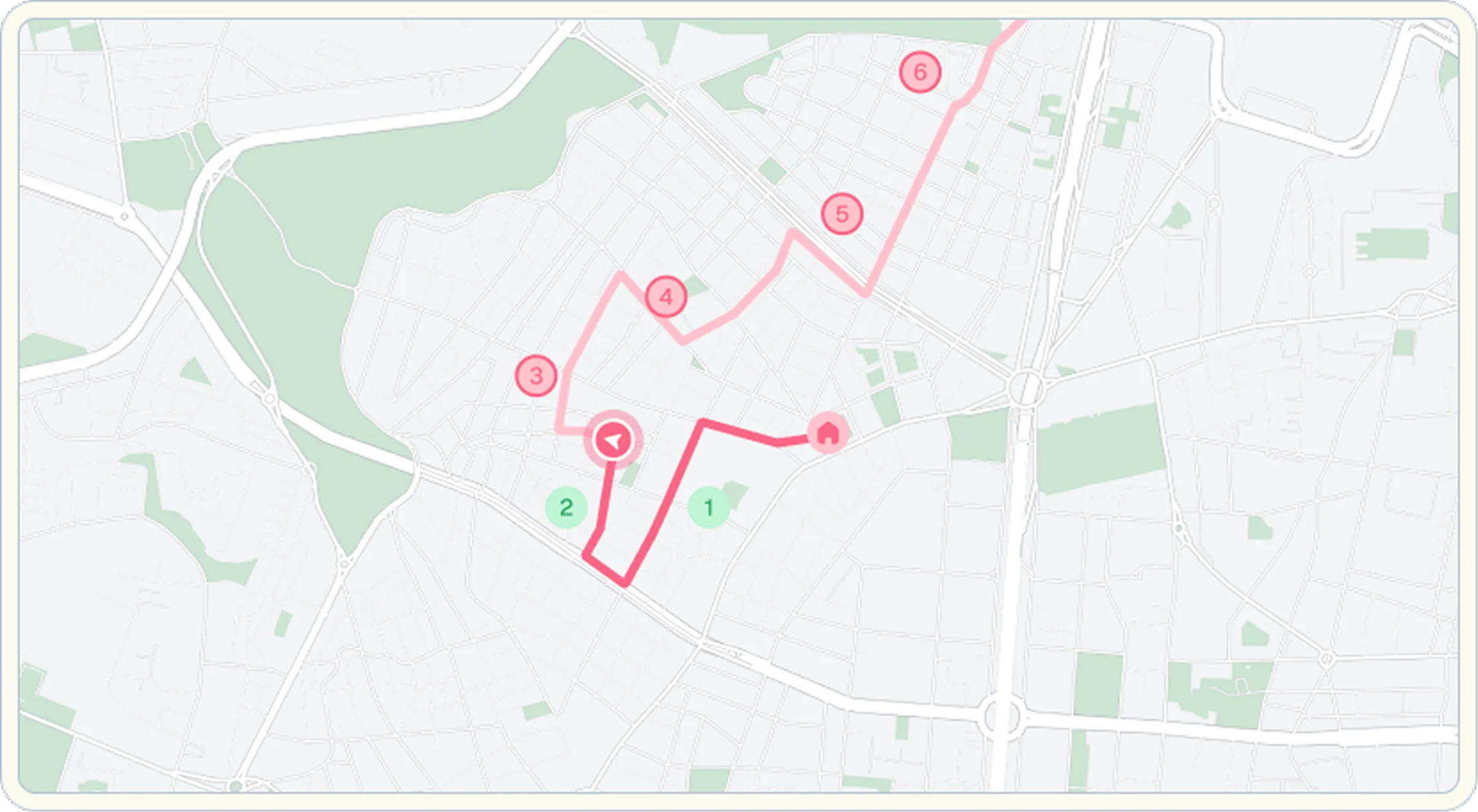 Route map with numbered stops and KPI overlay showing vehicle performance metrics