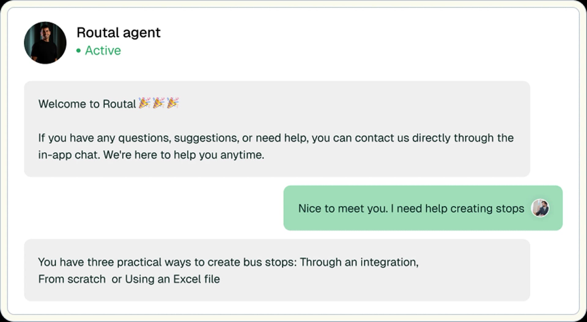 In-app support chat with Routal agent helping a user create stops