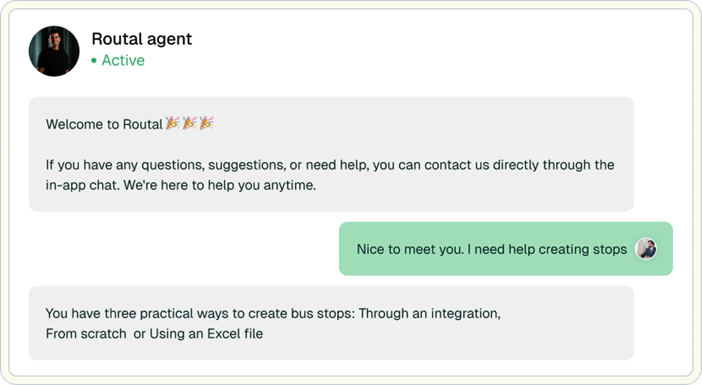 In-app support chat with Routal agent helping a user create stops