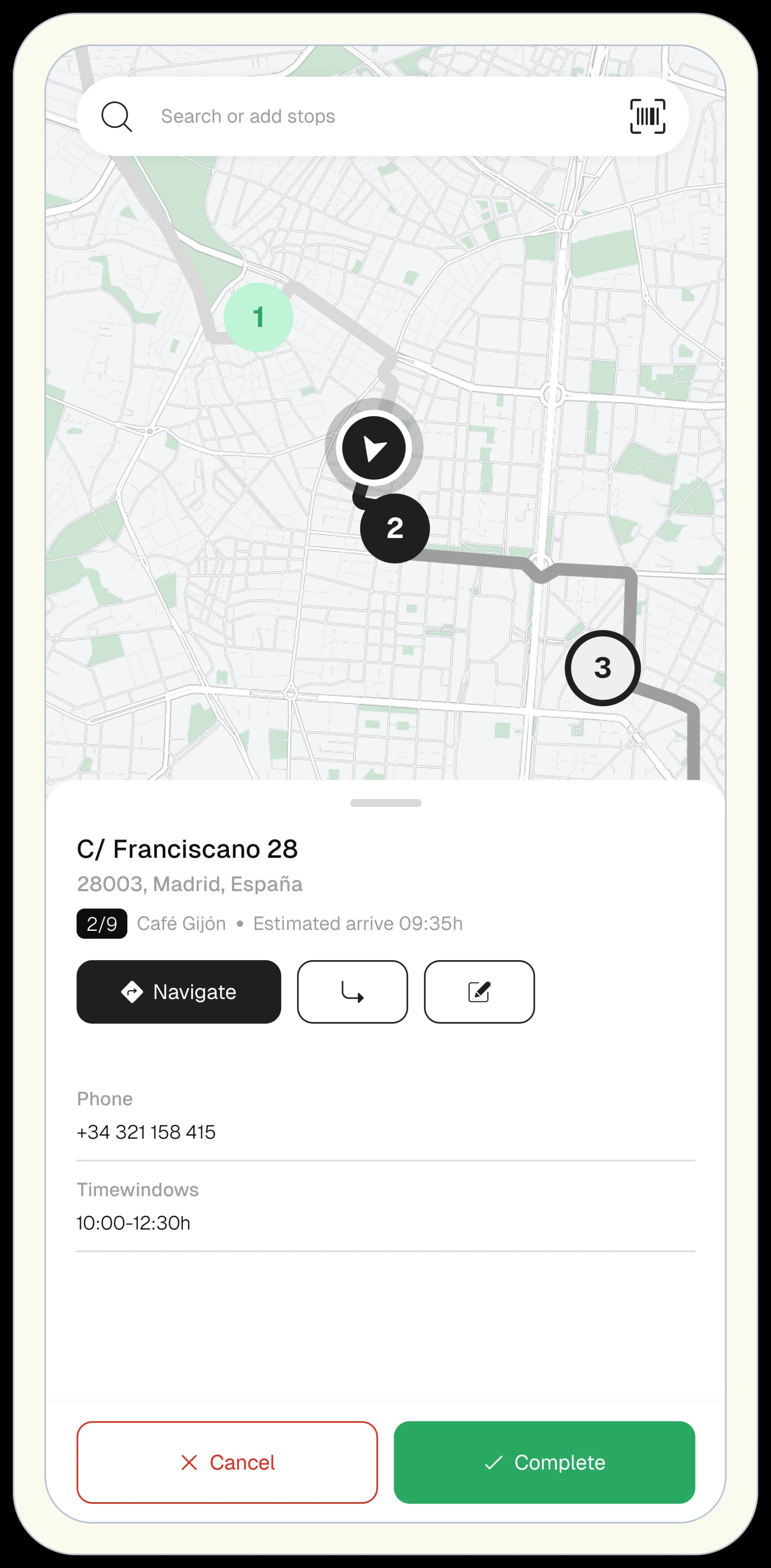 Routal driver app on mobile phone showing active route and stops
