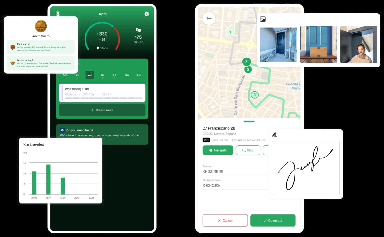 Routal Drivers mobile app with route list, navigation, and proof of delivery