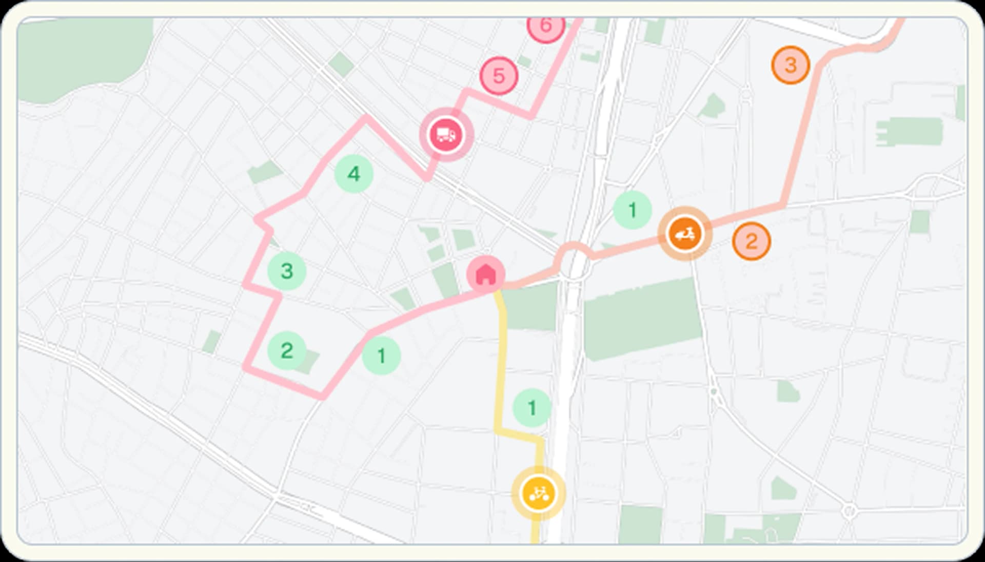 Multimodal fleet map with trucks, scooters, and bikes on separate optimized routes