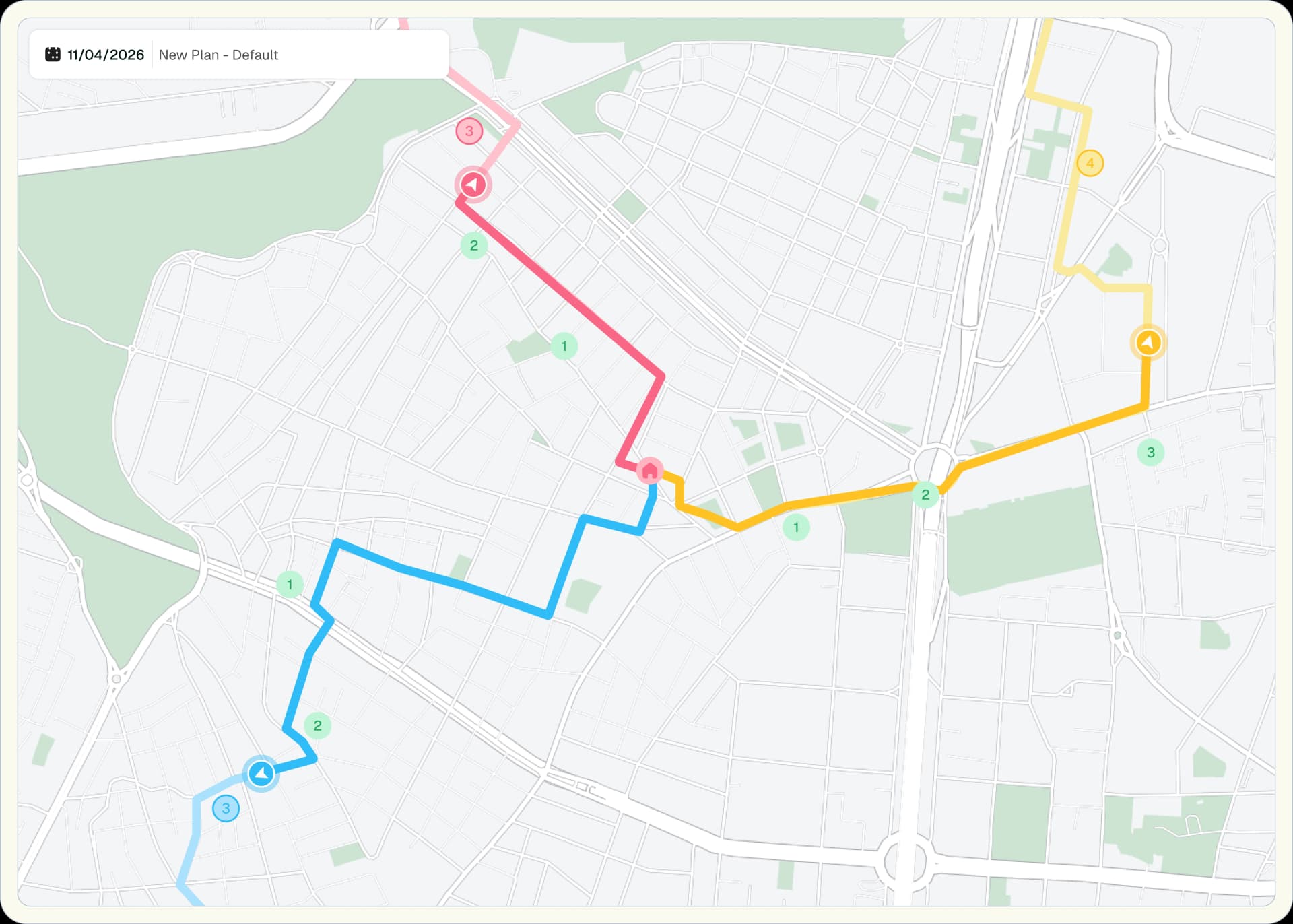 Route planner dashboard with optimized multi-stop routes, vehicle sidebar, and dispatch controls