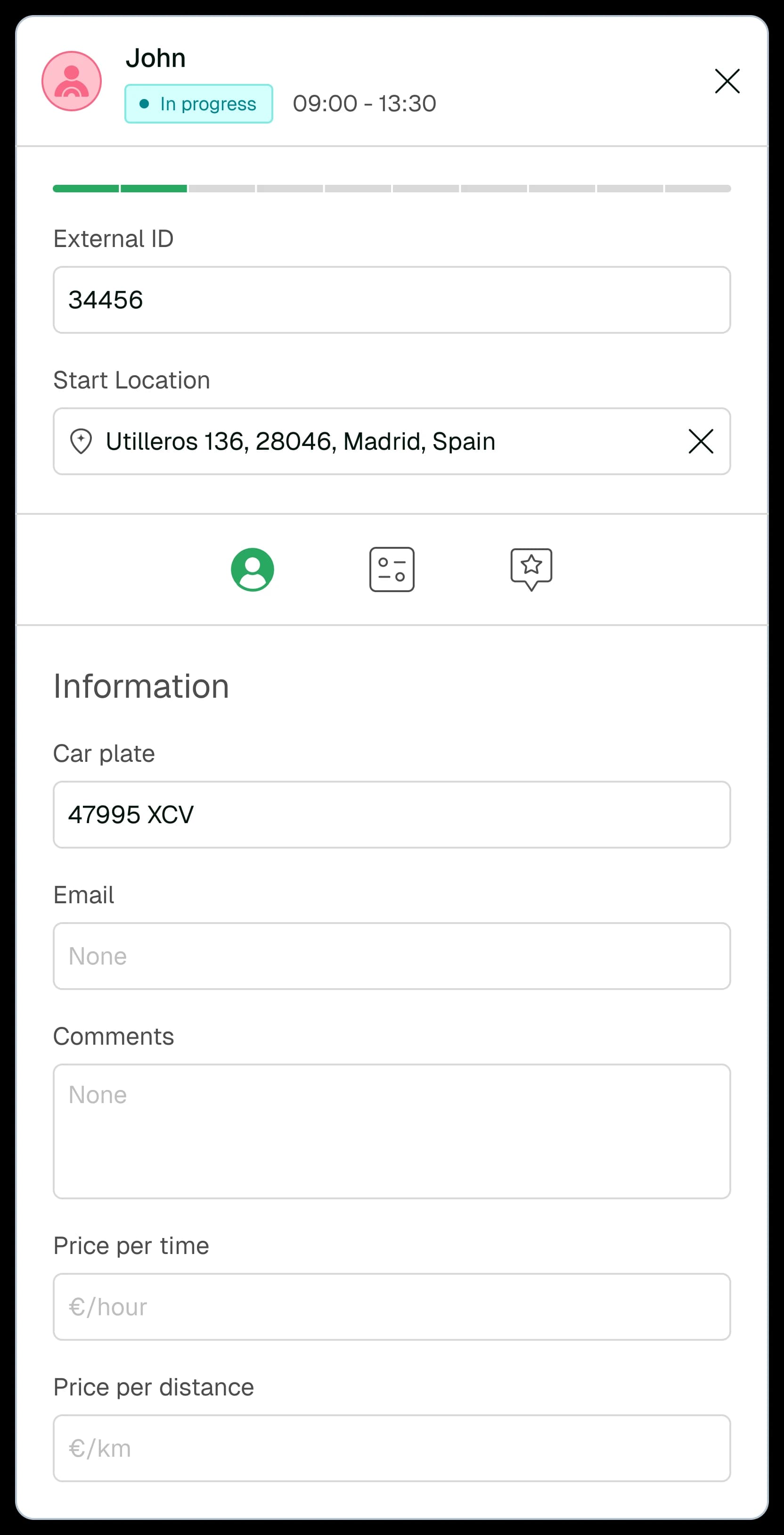 Route planner side panel with stop details and constraints