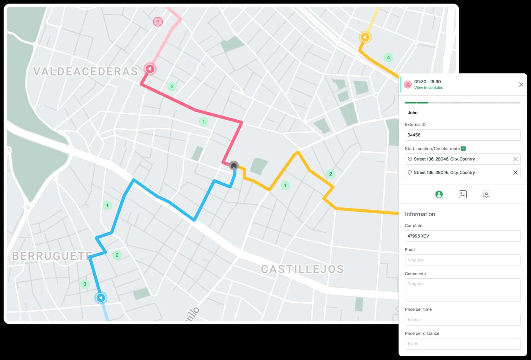 Route planner dashboard with optimized multi-stop routes, vehicle sidebar, and dispatch controls