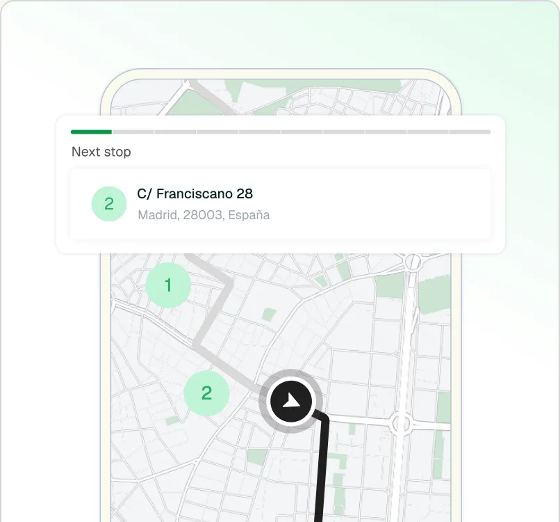 App de conductor de Routal mostrando la siguiente parada en el mapa