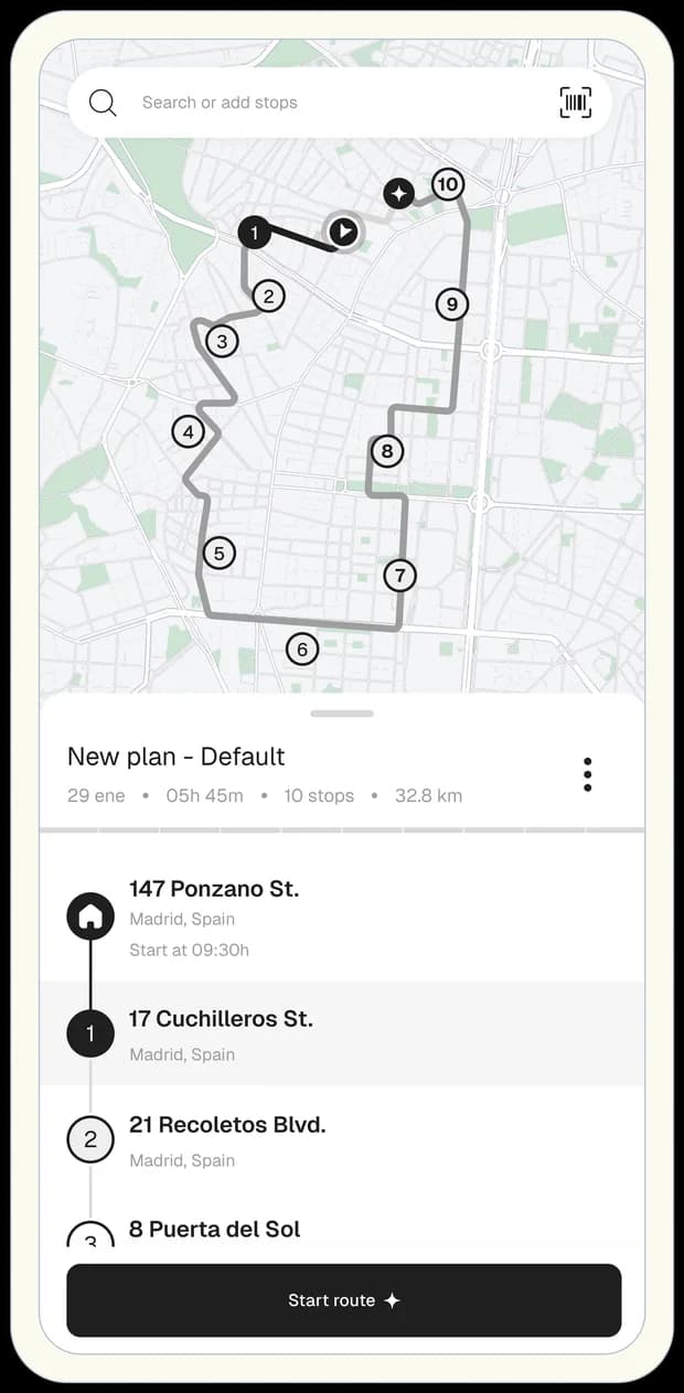 App de conductor de Routal mostrando una ruta con 10 paradas de reparto y el botón de iniciar ruta