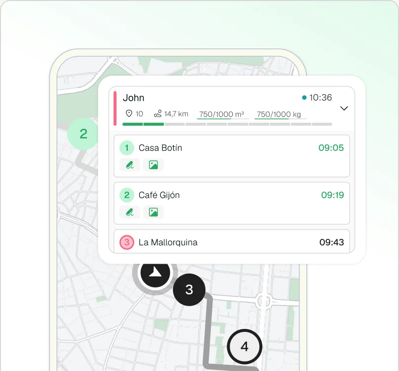 Ruta de reparto enviada al móvil del conductor desde el planificador de Routal