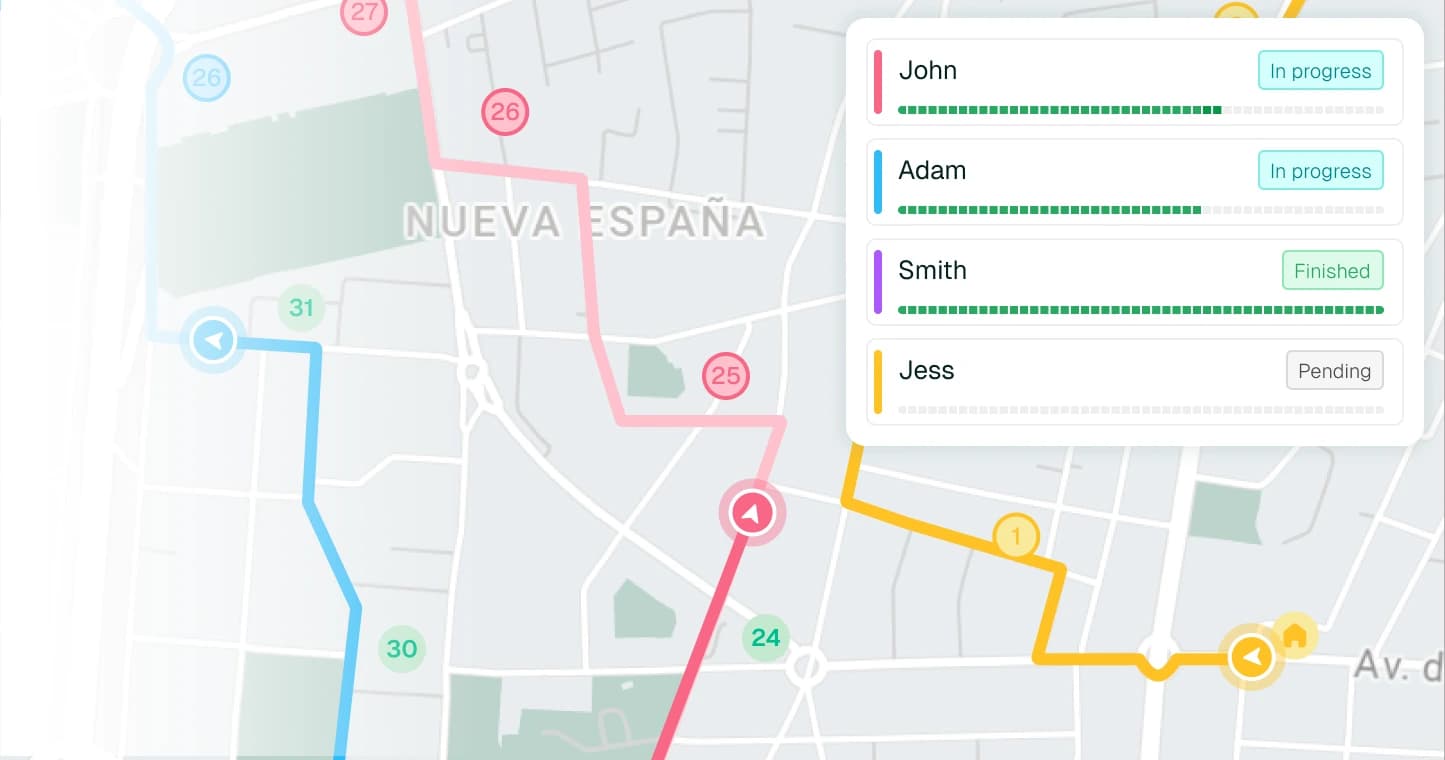 Live fleet map showing driver positions, ETAs, and stop statuses