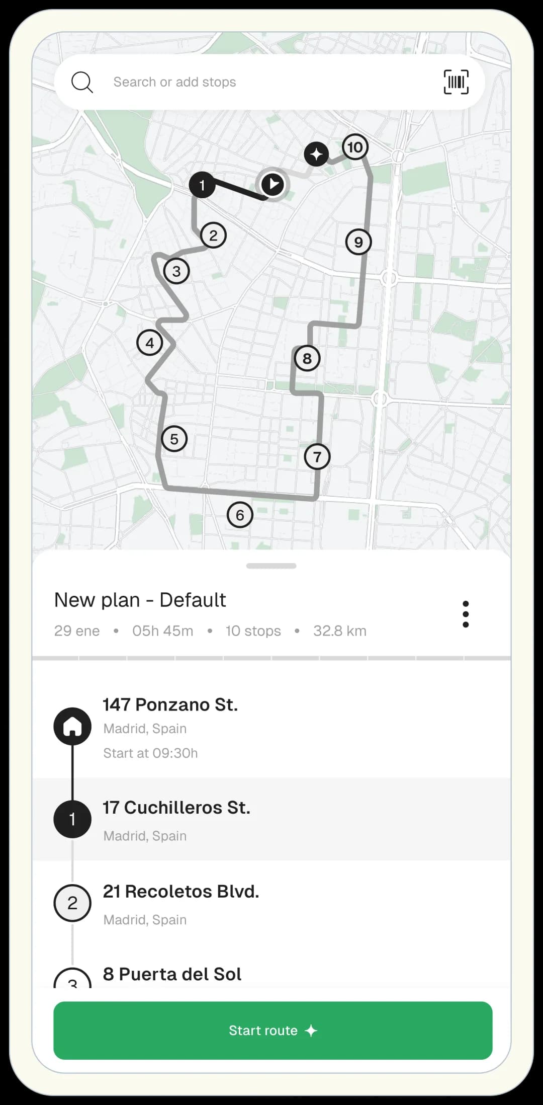 App móvel Routal Drivers, lista de entregas do dia