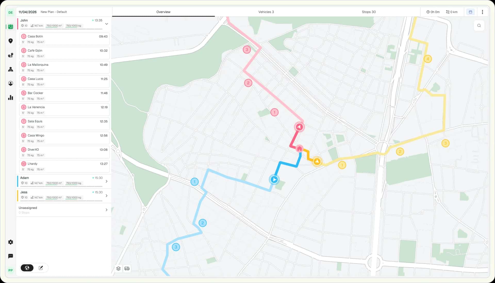 Routal Planner dashboard showing optimized delivery routes on a map
