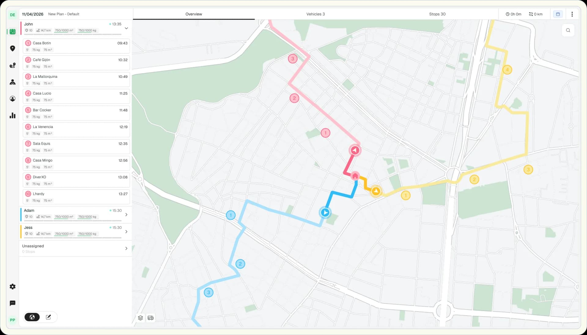 Planejador de rotas da Routal com as rotas do dia no mapa