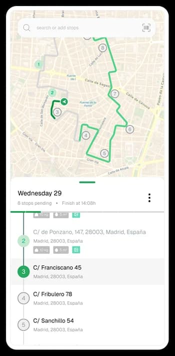 App Routal Drivers com a rota e a lista de paradas